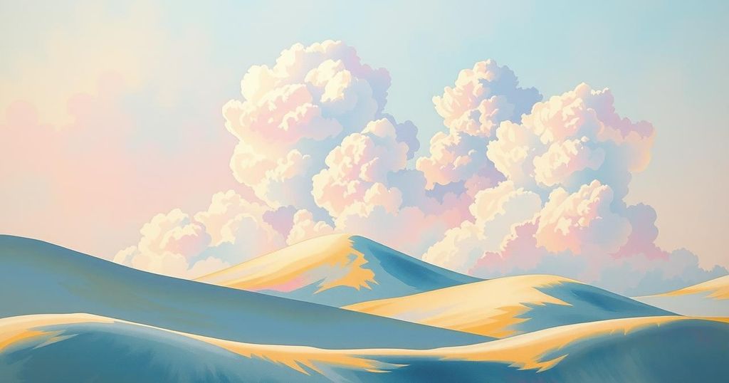 A dreamy landscape featuring soft pastel colours and whimsical clouds, symbolising creativity and romance.