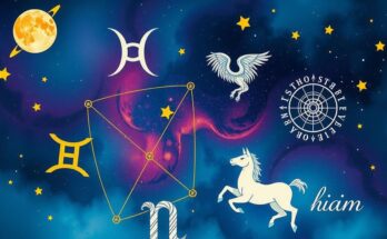 Astrological symbols and zodiac signs against a celestial background reflecting cosmic energy and horoscope predictions.
