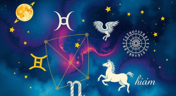 Astrological symbols and zodiac signs against a celestial background reflecting cosmic energy and horoscope predictions.