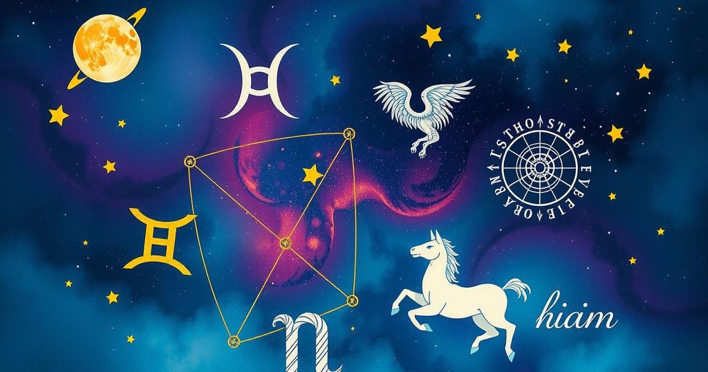 Astrological symbols and zodiac signs against a celestial background reflecting cosmic energy and horoscope predictions.