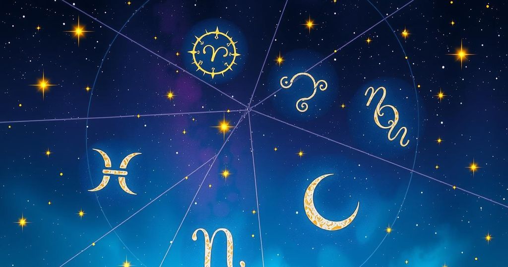 A celestial theme showing astrological symbols and a starry night sky in deep blues and purples with gold accents.