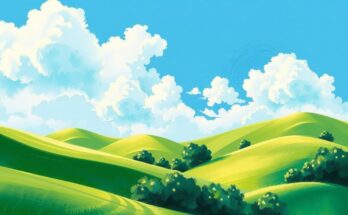 A serene landscape with lush green hills under a bright, clear sky, representing growth and new beginnings.