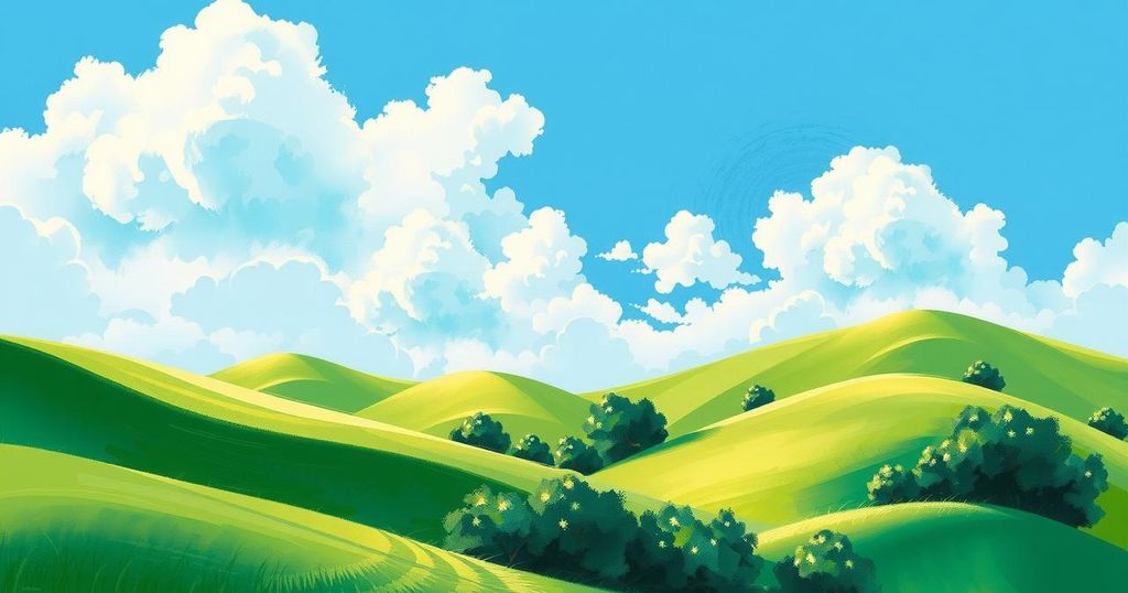 A serene landscape with lush green hills under a bright, clear sky, representing growth and new beginnings.