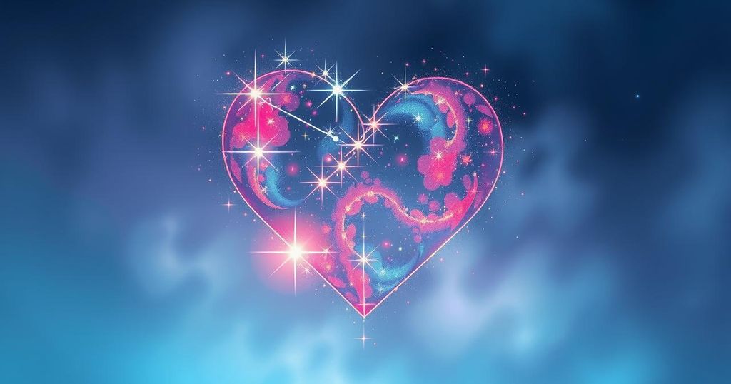 Celestial heart formed by stars and constellations, surrounded by soft hues of blue and purple, representing love dynamics