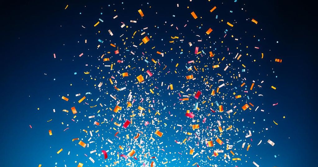 Celebration of achievements in a professional setting with sparkling confetti and a glowing starry background.