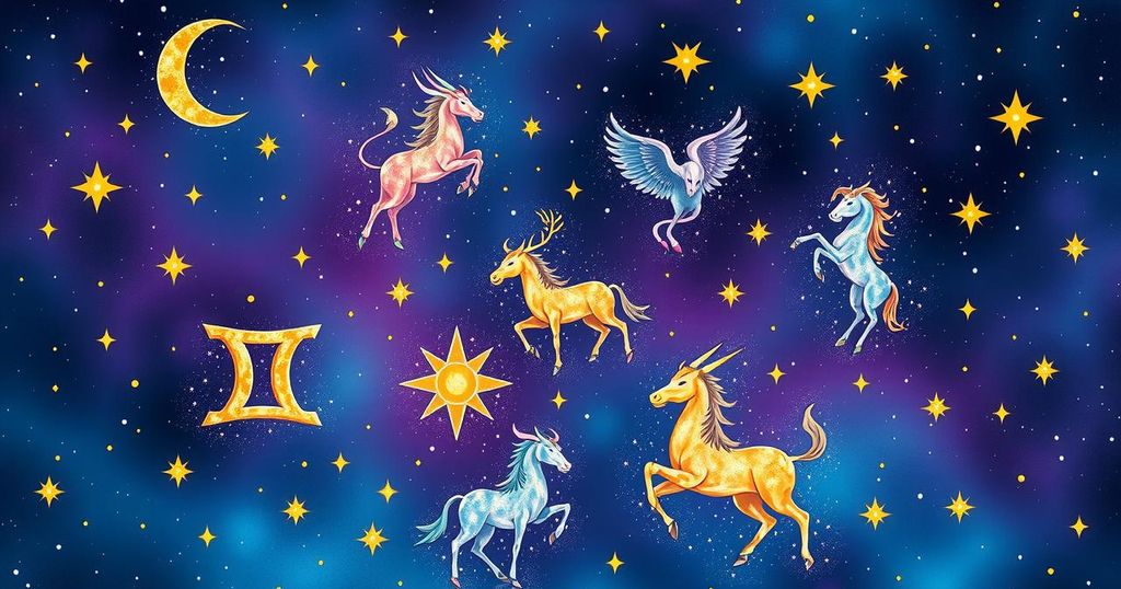 Astrological symbols surrounded by celestial elements and vibrant colours representing zodiac signs and horoscopes