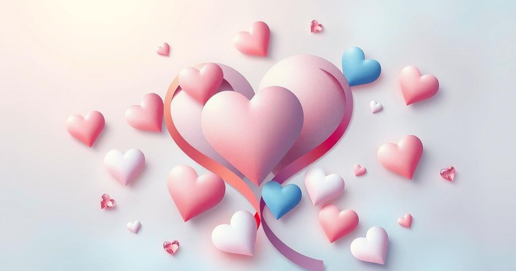 A serene gathering of hearts symbolising love, unity, and emotional connection, in soft pastel colours.