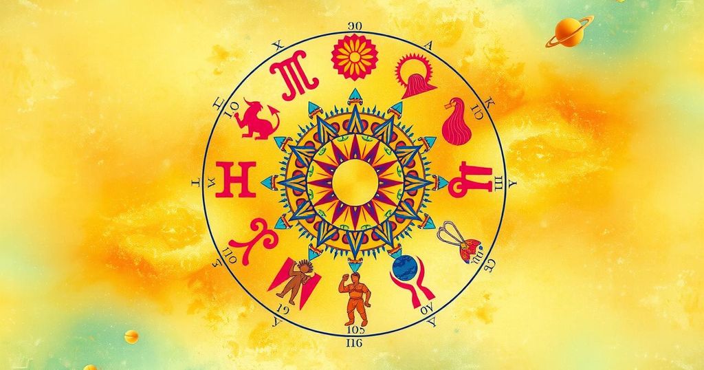 Celestial theme with zodiac symbols surrounded by a vibrant summer colour palette and soft cosmic motifs.