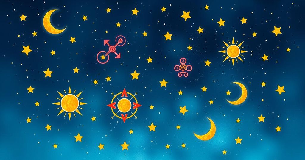 Celestial motifs with astrological symbols on starry background, featuring a palette of deep blues and sparkling golds.