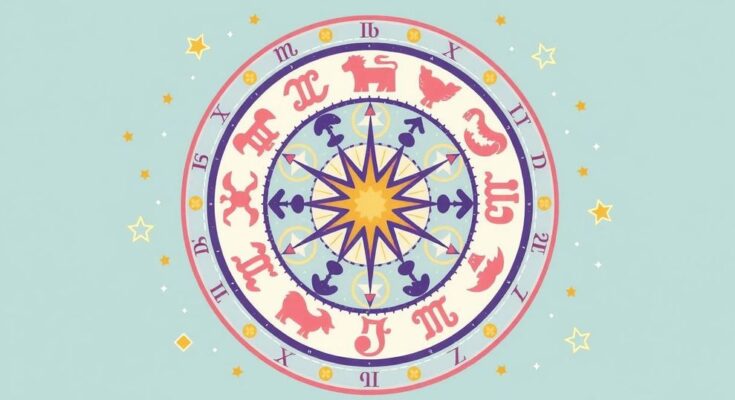 A whimsical zodiac wheel showcasing astrological signs with pastel colours, stars, and celestial elements, radiating positivity.