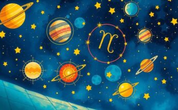 A cosmic scene depicting astrological symbols, planets and stars, with vibrant colours representing different zodiac signs.