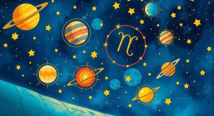 A cosmic scene depicting astrological symbols, planets and stars, with vibrant colours representing different zodiac signs.