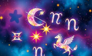 Astrological symbols representing each zodiac sign with celestial elements in a cosmic background.