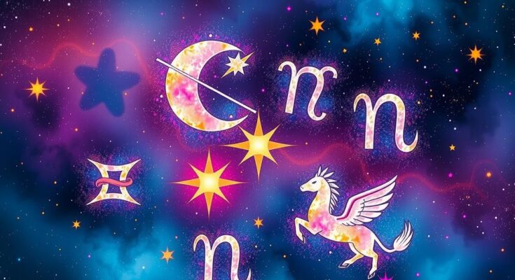 Astrological symbols representing each zodiac sign with celestial elements in a cosmic background.