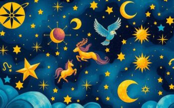 Astrological symbols in vibrant colours with a celestial background, representing zodiac signs and their influences.