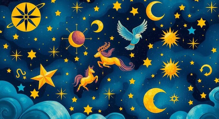 Astrological symbols in vibrant colours with a celestial background, representing zodiac signs and their influences.