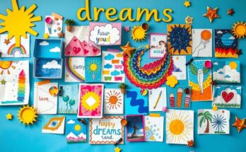 A colourful vision board showcasing dreams and aspirations with elements like art supplies and positive imagery.