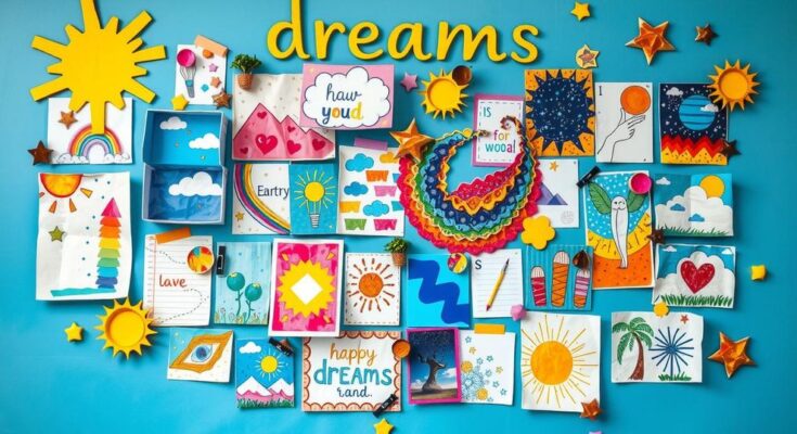 A colourful vision board showcasing dreams and aspirations with elements like art supplies and positive imagery.