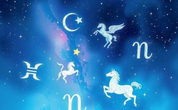 Celestial background featuring zodiac symbols with soft blue and purple hues, conveying astrological themes.