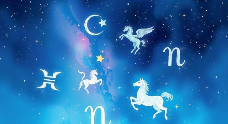 Celestial background featuring zodiac symbols with soft blue and purple hues, conveying astrological themes.