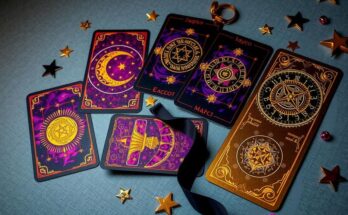 A mystical tarot card spread over a celestial backdrop, featuring zodiac symbols and vibrant cosmic colours.