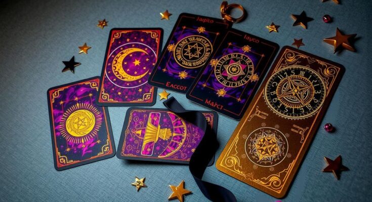 A mystical tarot card spread over a celestial backdrop, featuring zodiac symbols and vibrant cosmic colours.