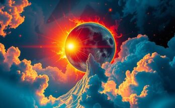 A cosmic scene with a sun and moon aligned in a vibrant sky, reflecting harmony and inspiration.