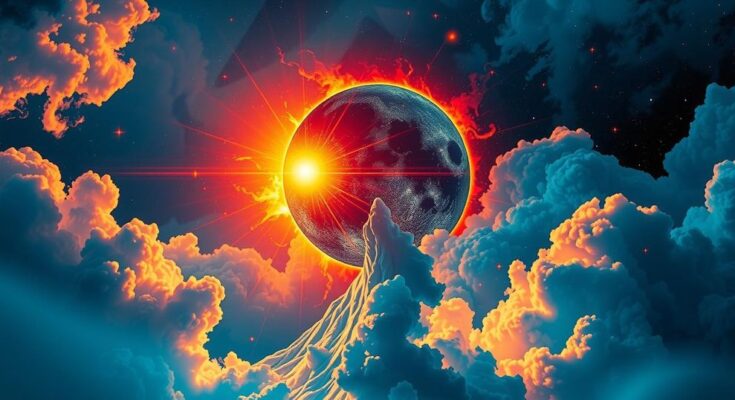 A cosmic scene with a sun and moon aligned in a vibrant sky, reflecting harmony and inspiration.