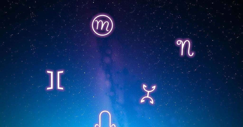 Zodiac symbols and a starry background representing love horoscopes, emphasising relationships and cosmic guidance.