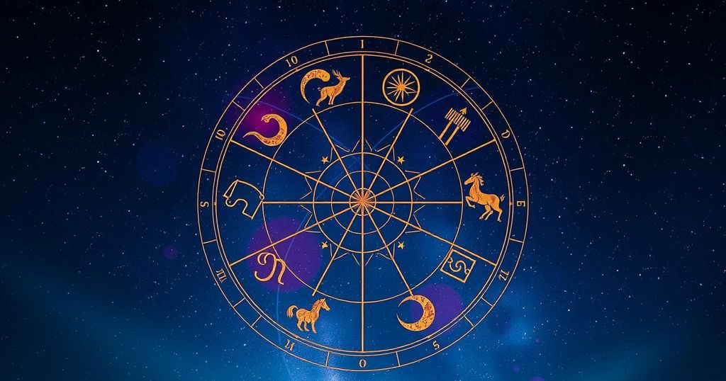 A celestial scene depicting zodiac symbols against a starry background, highlighting themes of astrology and cosmic energy.