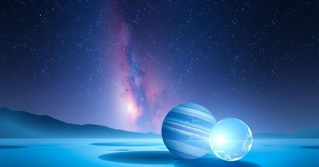 A serene cosmic scene with planets aligning and a soft glow, symbolising rebirth and healing in love.