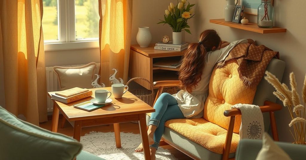 A serene indoor space featuring a cozy chair and a table with cups, symbolising relaxation and socialization.