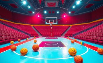 Basketball court with vibrant basketballs, hoop and colourful arena seats, representing an exciting game.