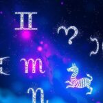 A celestial scene with zodiac symbols against a dark cosmos, vibrant cosmic colours, inspired by modern digital art.