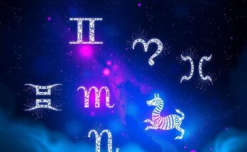 A celestial scene with zodiac symbols against a dark cosmos, vibrant cosmic colours, inspired by modern digital art.