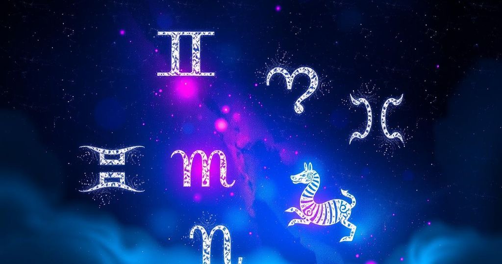 A celestial scene with zodiac symbols against a dark cosmos, vibrant cosmic colours, inspired by modern digital art.