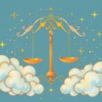 A serene Libra symbol among celestial motifs and vibrant hues depicting creativity and personal growth.