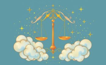 A serene Libra symbol among celestial motifs and vibrant hues depicting creativity and personal growth.