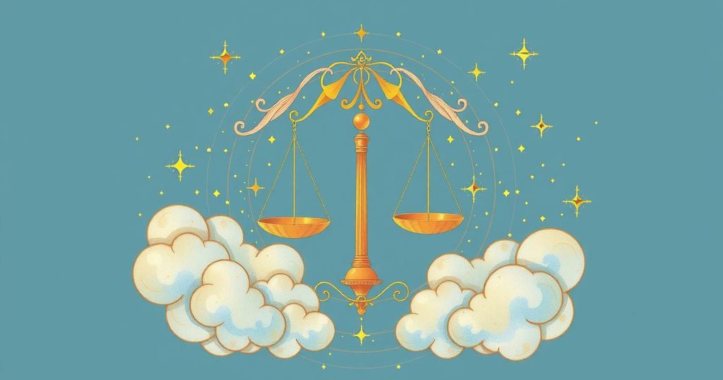 A serene Libra symbol among celestial motifs and vibrant hues depicting creativity and personal growth.