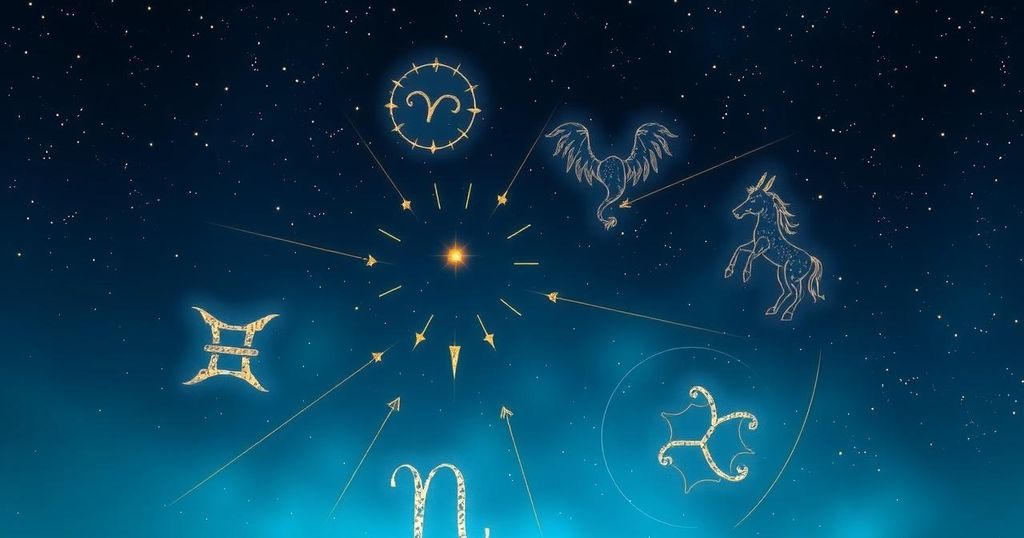 Astrological zodiac symbols in a celestial night sky with subtle shades of blue and gold, depicting astrology themes.