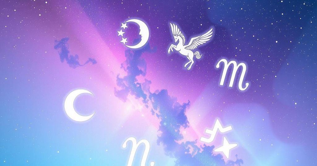 A cosmic design featuring zodiac symbols and starry background, reflecting astrological themes in soft pastel colours.