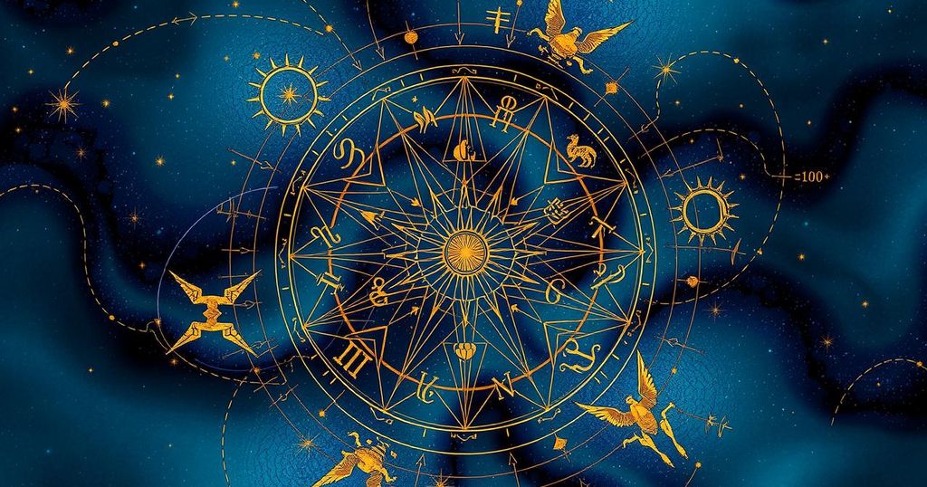 A vibrant abstract design symbolising zodiac signs and cosmic energies, in deep blues and golds, with intricate patterns.