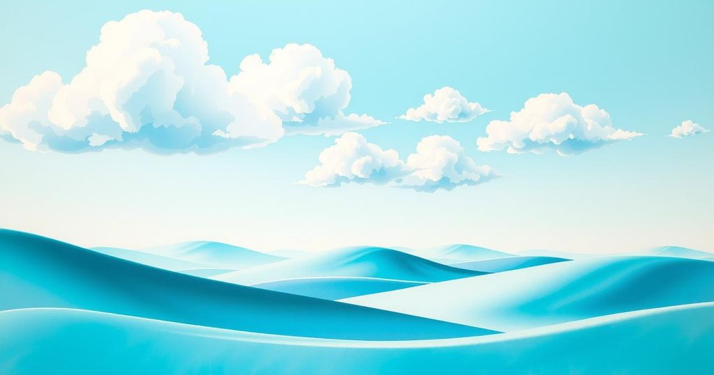 A serene turquoise landscape with soft clouds and a hint of balance symbolizing harmony and stability.