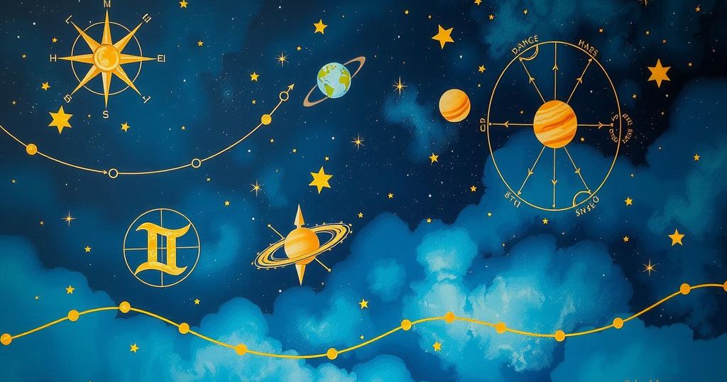 A tranquil blue and gold cosmic scene with celestial symbols, embodying astrological themes for horoscope.