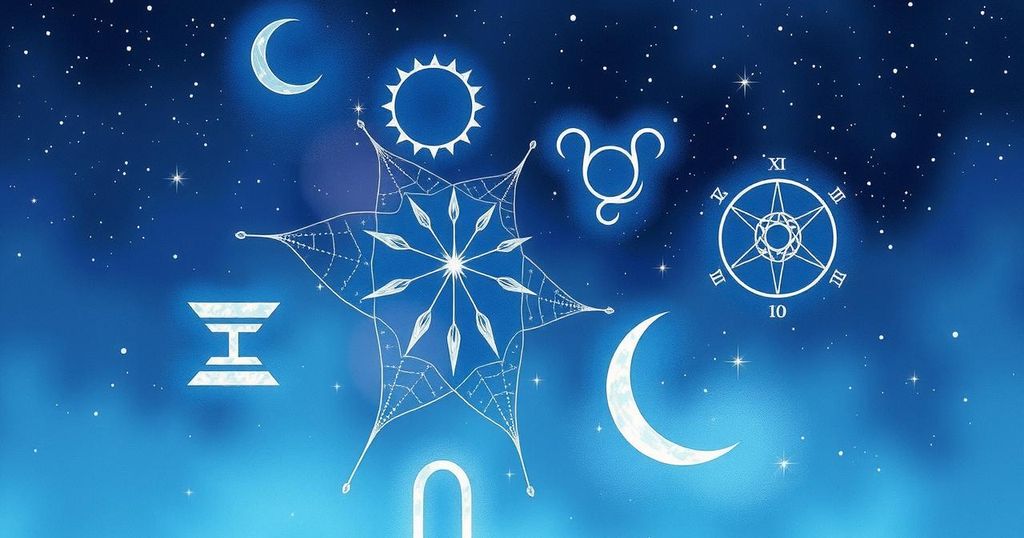 Astrological symbols and celestial elements against a starry night background, representing emotional balance and harmony.