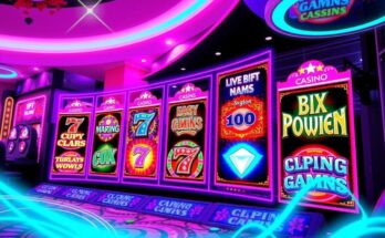 Colourful slot game reels featuring themes from various popular games in a vibrant casino setting.