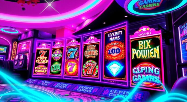 Colourful slot game reels featuring themes from various popular games in a vibrant casino setting.