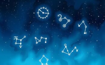 A serene illustration of a starry night sky with zodiac constellations and soft colours, evoking cosmic reflection.