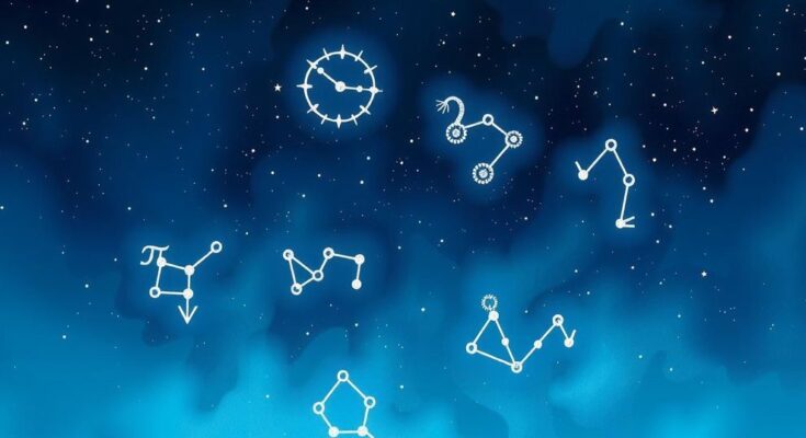 A serene illustration of a starry night sky with zodiac constellations and soft colours, evoking cosmic reflection.