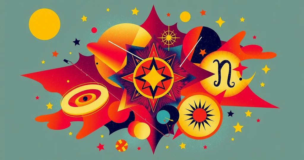 A vibrant abstract design featuring astrological symbols and celestial motifs in bold, warm colours.